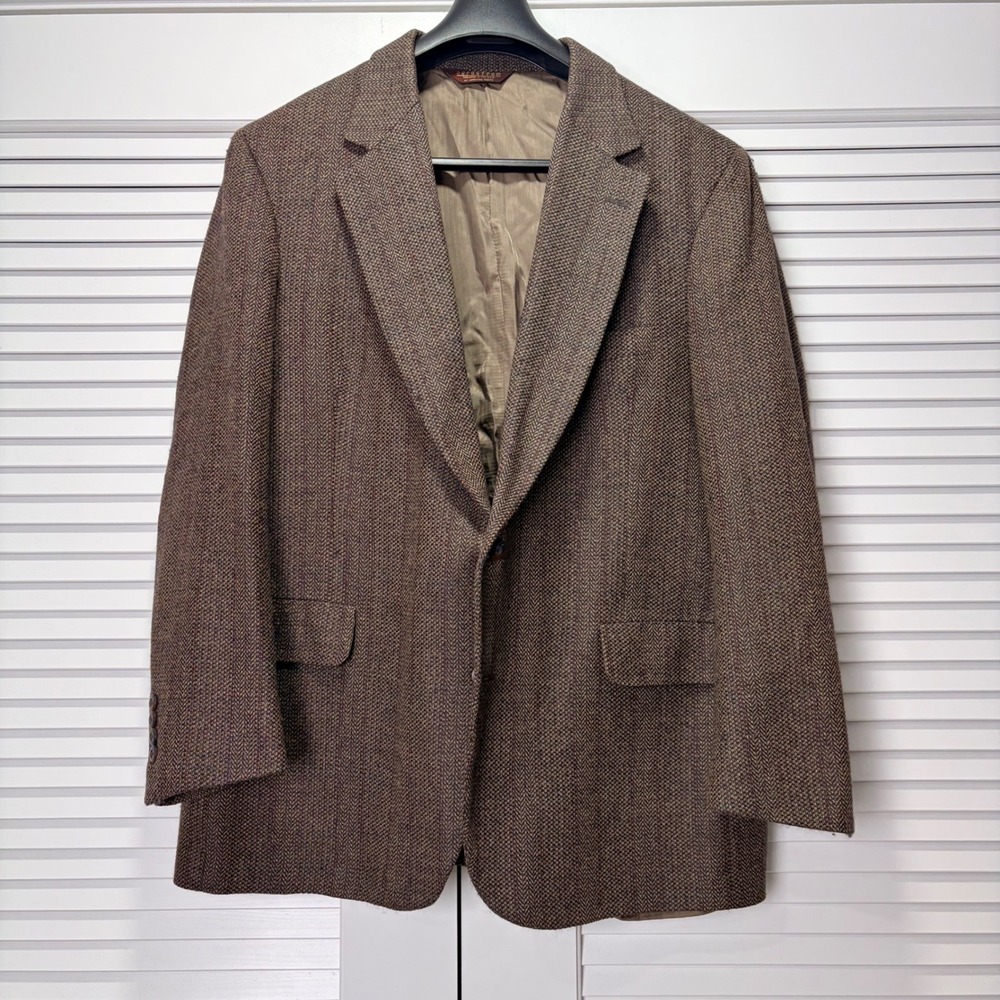 Union Made Vintage Brown Herringbone Lambswool‎ Silk Blazer Scotland 44R Mens